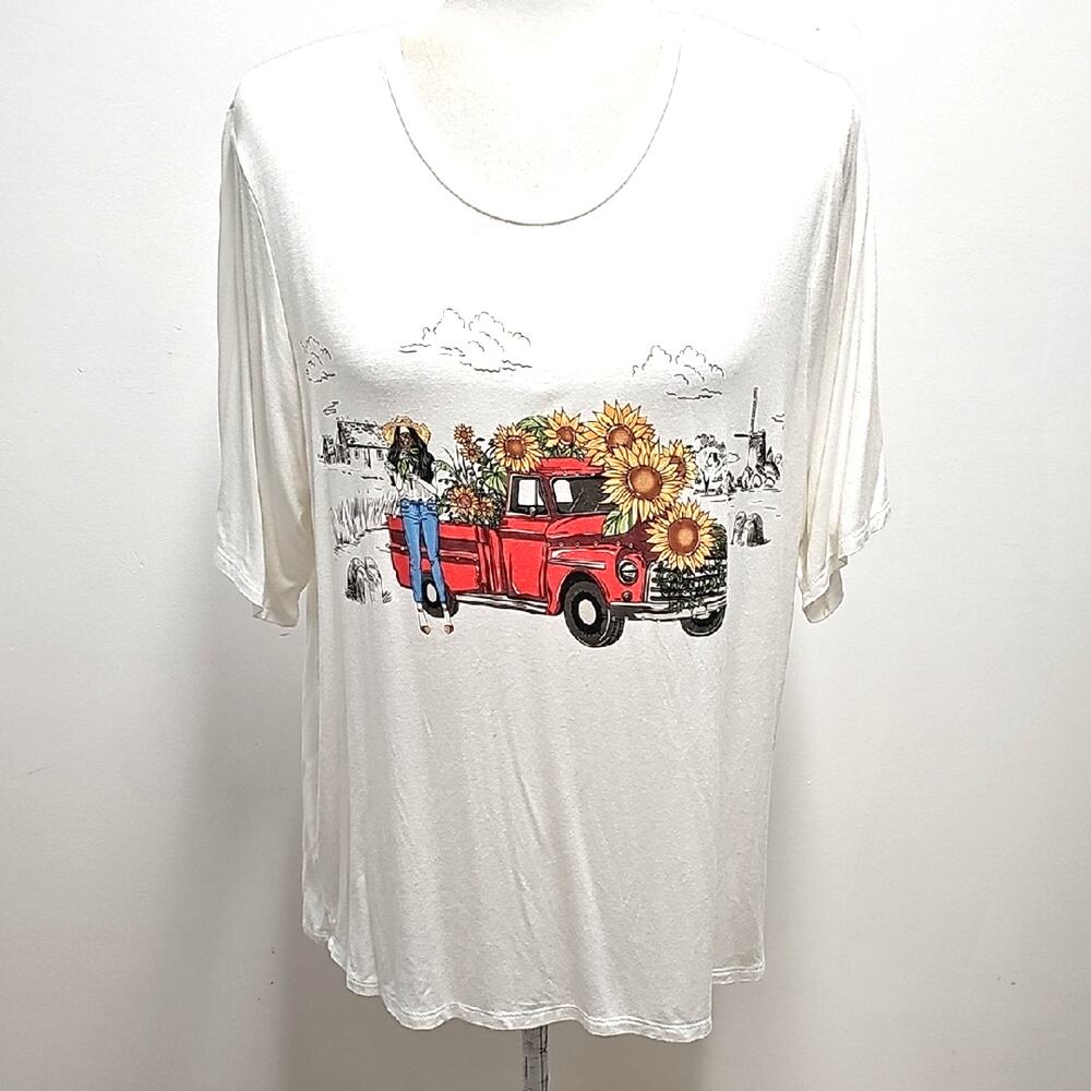 Kiss & Fly Women's White Tee with Red Truck Sunflower Rhinestones Design Sz XL